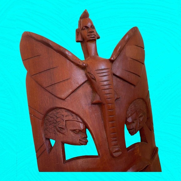 African Wooden Hand Carved Mask Humans And Elephant Carvings 16” Vtg - Picture 7 of 11